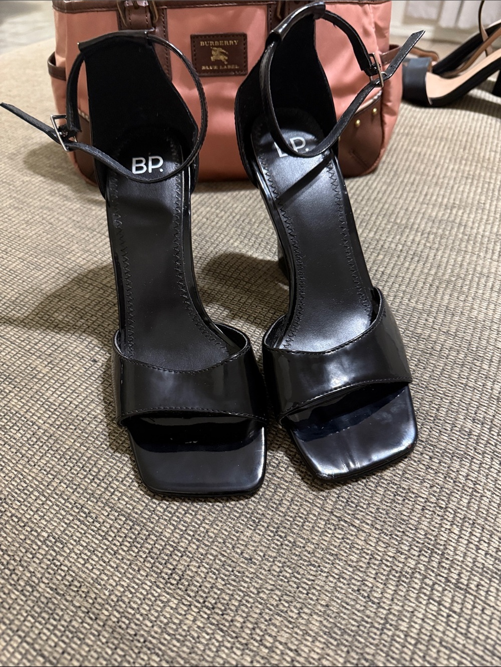 bp Black Patent Square-Toe Ankle-Strap Heels